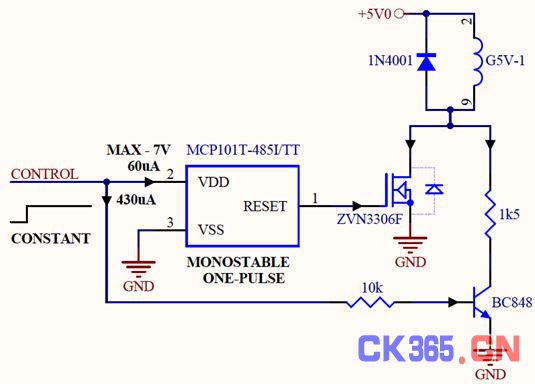 图2：用一个高电平有效的复位芯片来产生吸合电流脉冲，MCP101和ZVN3306F可以很好地与各种继电器一起使用；类似的器件也可以很好地工作（如MAX810）