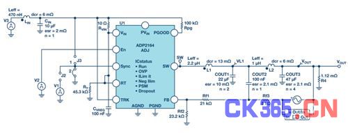图8. ADP2164 驱动1.25 V 域的ADIsimPE原理图。