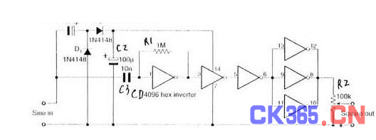 由六反相器CD4096组成的自适应方波发生器