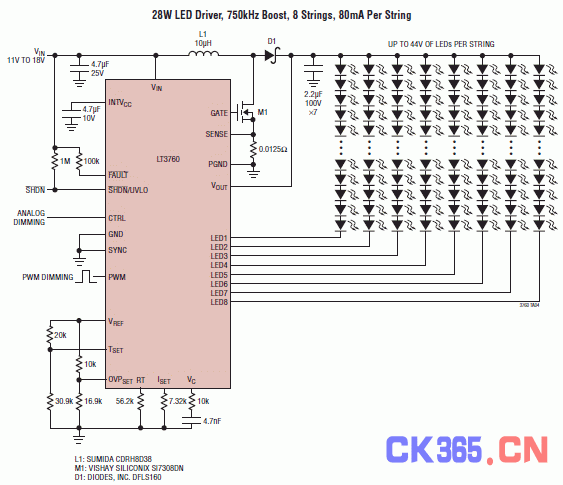 采用 LT3760、效率为 90% 的 28W LED 背光照明电路