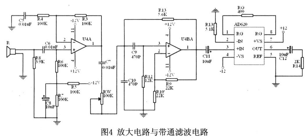 带通滤波电路,图中rw,c10组成低通滤波网络,c9和r12组成高通滤波网络_电路图分享 引言 超声波是一种频率在20KHz以上的机械波,在空气中的传播速度约为340 m/s(20°C时)。超声波可由超声波传感器产生,常用的超声波传感器两大类:一类是采用电气方式产生超声波,一类是用机械方式产生超声波,目前较为常用的是压电式超声波传感器。由于超声波具有易于定向发射,方向性好,强度好控制,对色彩、光照度不敏感,反射率高等特点,因此被广泛应用于无损探伤,距离测量、距离开关、汽车倒车防撞、智能机器人等领域。 1 系统原理框图 本设计的整体框图如图1所示,主要由超声波发射,超声波接收与信号转换,