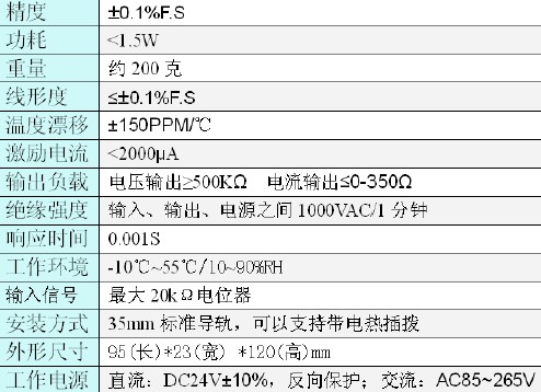 电位计信号变送器的主要参数